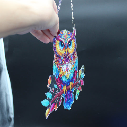 Multi Colored Hanging Diamond Art Suncatcher Small Majestic Owl