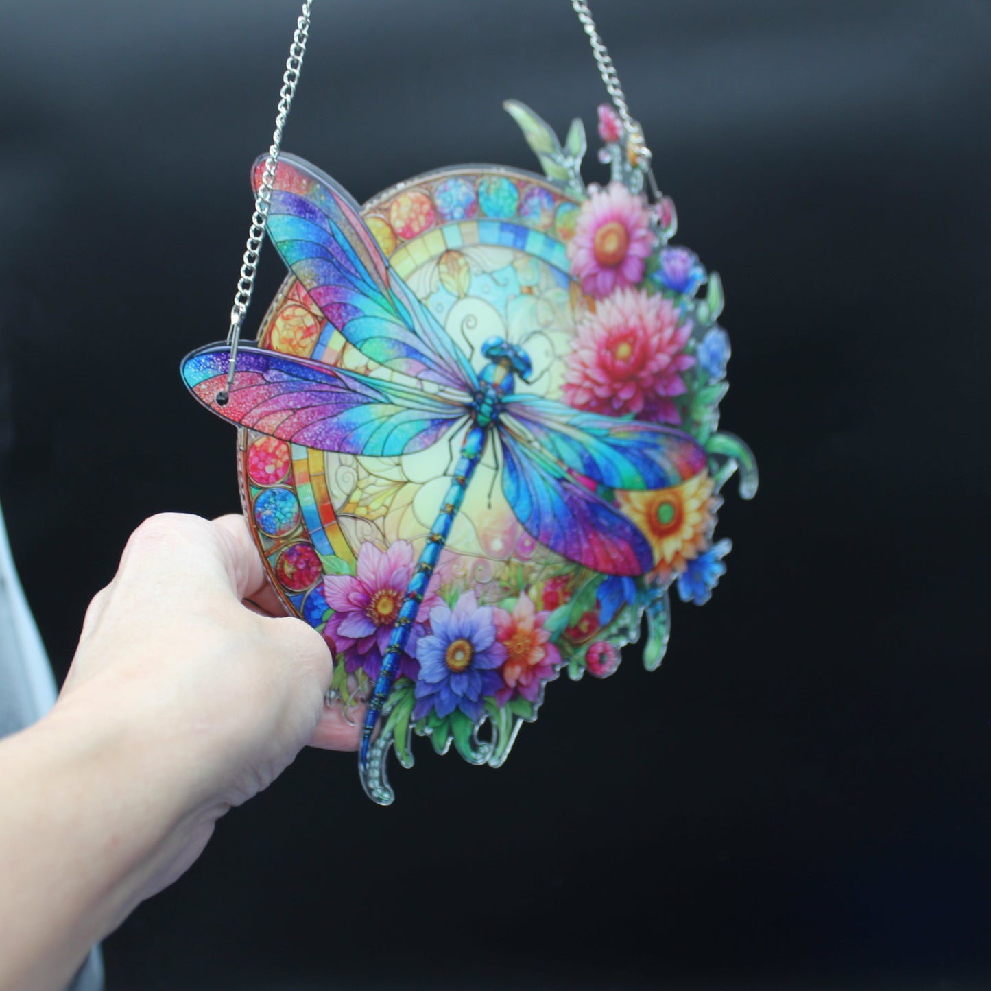 Beautifully Colored Hanging Diamond Art Suncatcher Round with a Colorful Dragonfly and Flowers