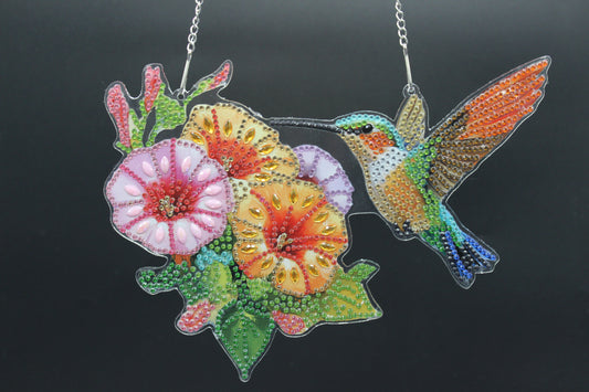 Beautifully Colored Hanging Diamond Art Suncatcher Multi Flower with a Hummingbird
