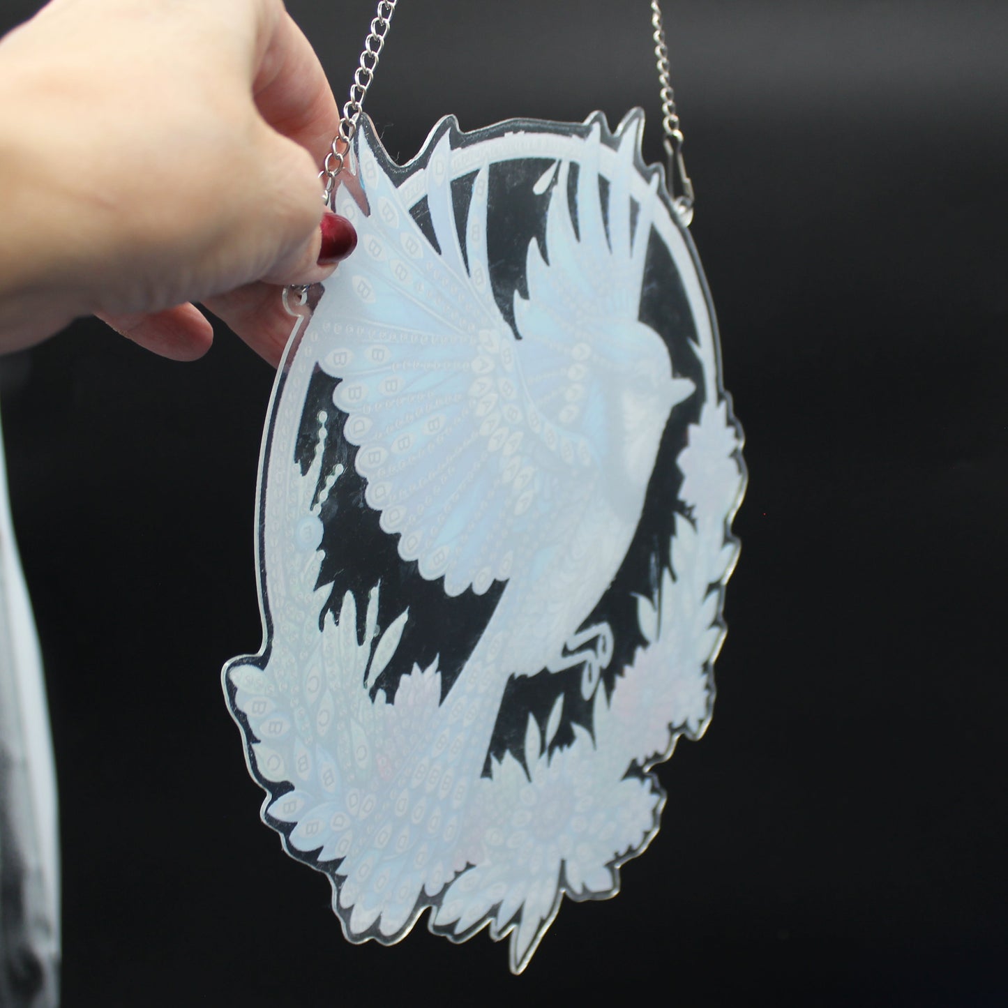Multi Colored Suncatcher Diamond Art with a Blue Jay among Multi Colored Flowers