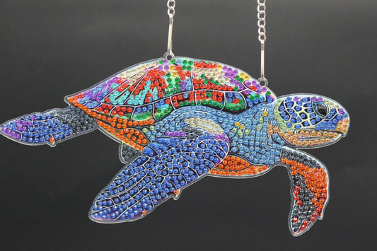 Beautifully Colored Hanging Diamond Art Suncatcher of a Sea Turtle with Multi Colored Shell