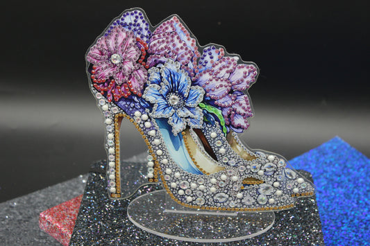 Beautiful Diamond Art table Topper of an Elegant High Heel Shoes with Purple and Blue Flowers