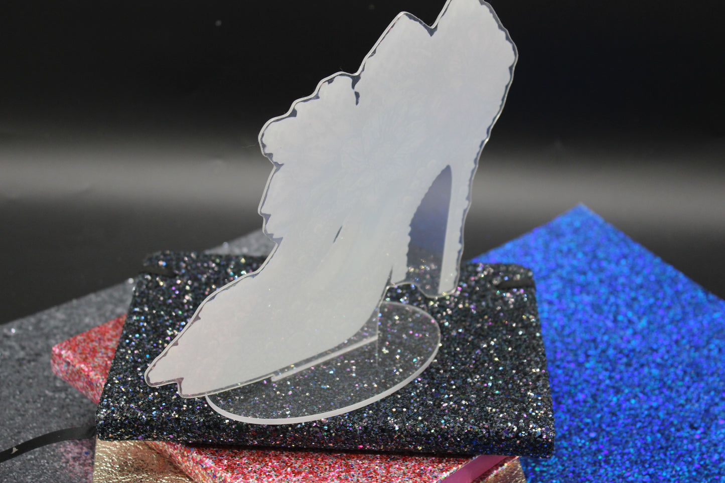 Beautiful Diamond Art table Topper of an Elegant High Heel Shoes with Purple and Blue Flowers