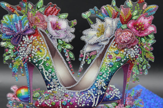 Beautiful Diamond Art Table Topper of an Elegant High Heel Shoes with Multi Colored Flowers