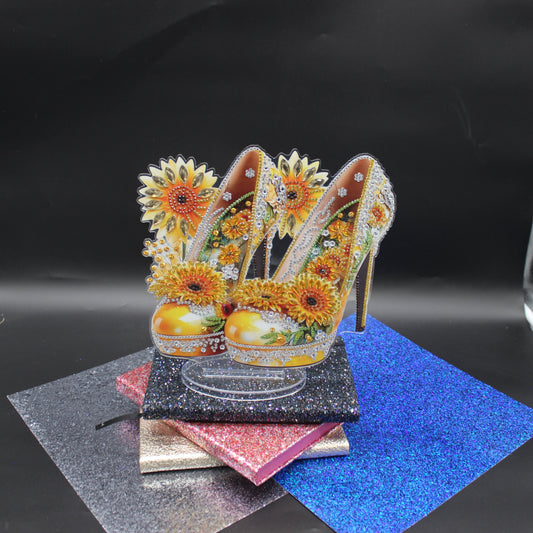 Beautiful Diamond Art Table Topper of an Elegant High Heel Gold Shoes with Sunflowers