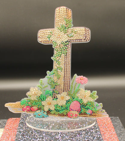 Golden Cross TableTop Diamond Art with Colorful Flowers and Growing Vines