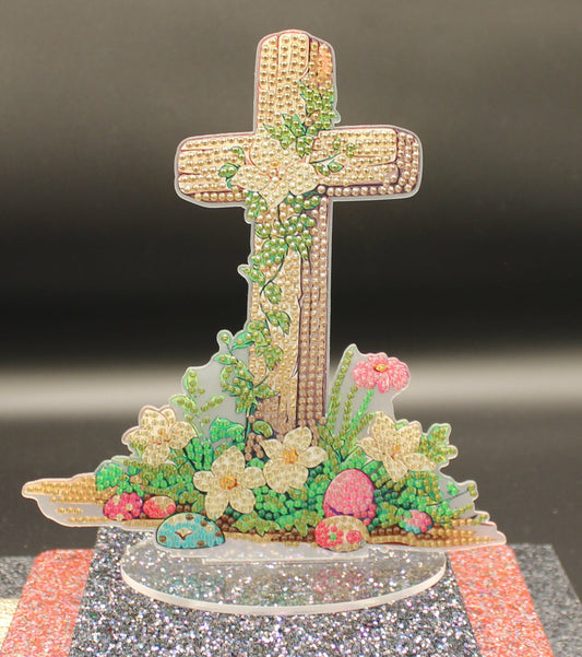 Golden Cross TableTop Diamond Art with Colorful Flowers and Growing Vines