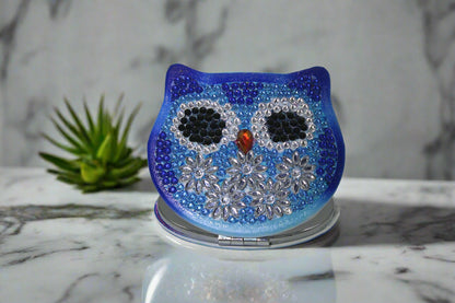 Cutest Ever Owl Shaped/Round Blue Owl Compact Mirror