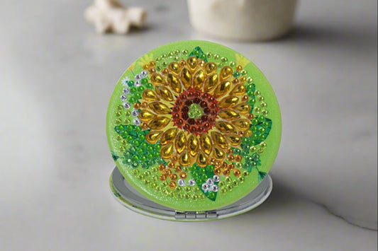 Sunflower Mandala Round Compact Mirror with Abstract Landscape Shape