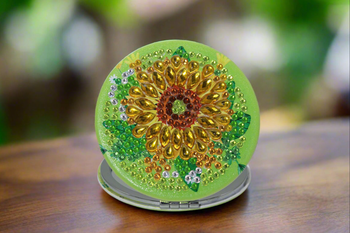 Sunflower Mandala Round Compact Mirror with Abstract Landscape Shape