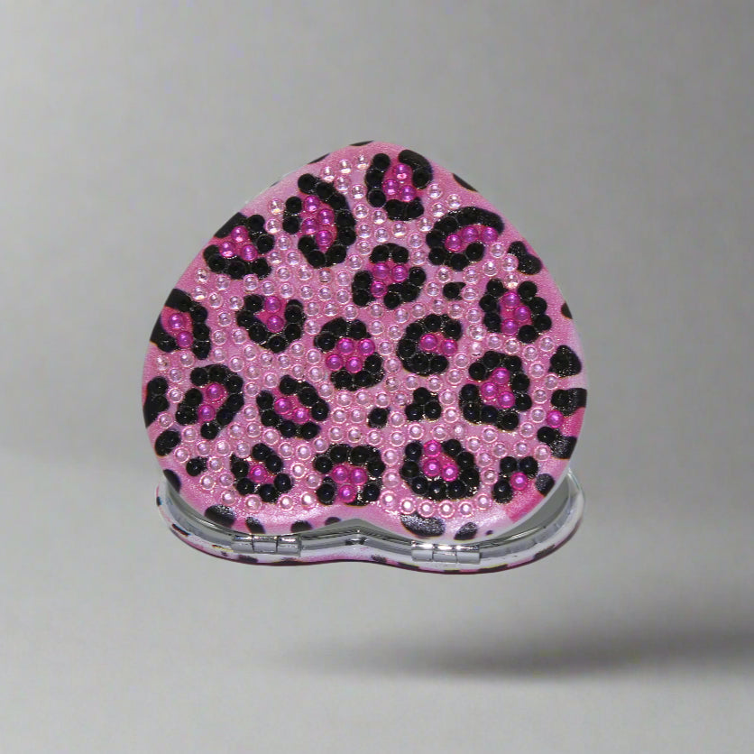 Beautiful Heart Shaped Pink Compact Mirror with Black Animal Skin Print