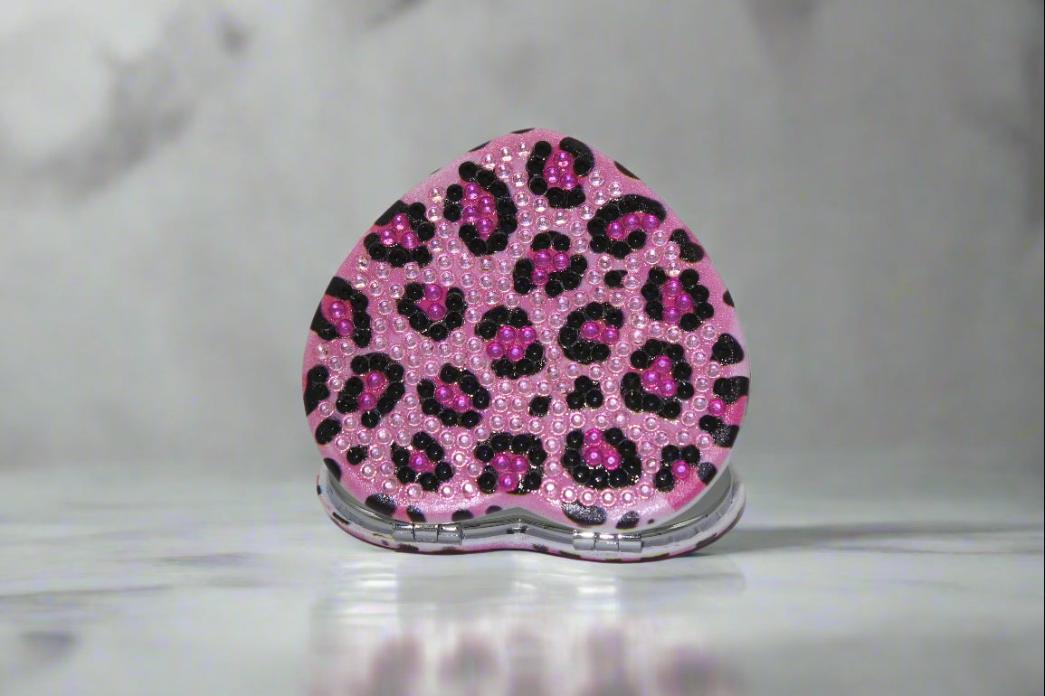 Beautiful Heart Shaped Pink Compact Mirror with Black Animal Skin Print