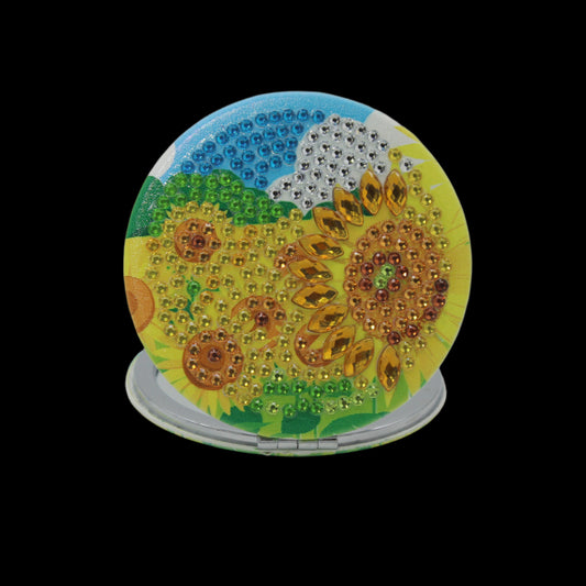 Stunning Round Shaped Compact with Sunflowers Yellow, Brown and Blue