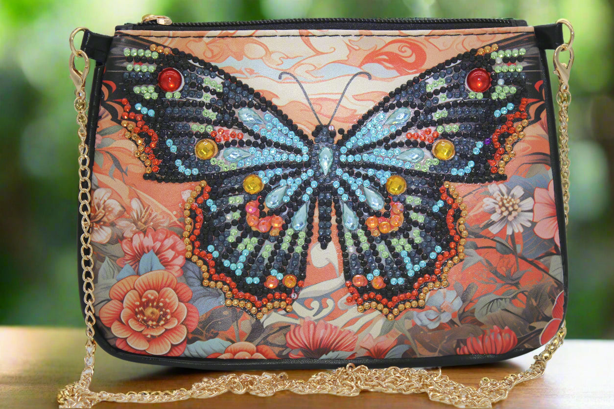 Butterfly Print Clutch Purse with Gold Chain