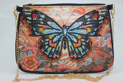 Butterfly Print Clutch Purse with Gold Chain