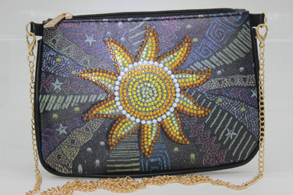 Brilliant Yellow Sun Print Clutch Purse with Gold Chain