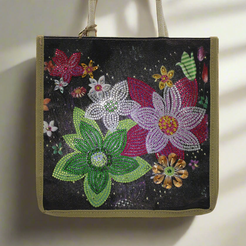 Jazzie Diamond Art Colorful Flower And Canvas Hand Bag