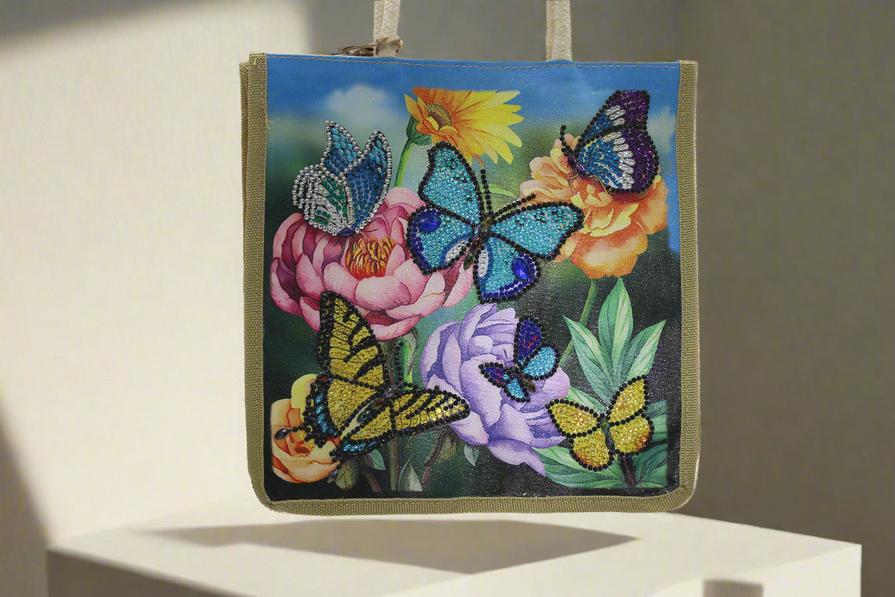 Jazzie Diamond Art Colorful Butterfly And Flower Canvas Hand Bag