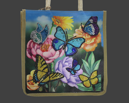 Jazzie Diamond Art Colorful Butterfly And Flower Canvas Hand Bag