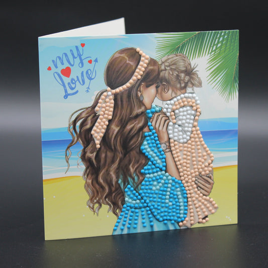 Greeting Card is Adorned with Beautiful Rhinestones Featuring a Mom and Daughter.