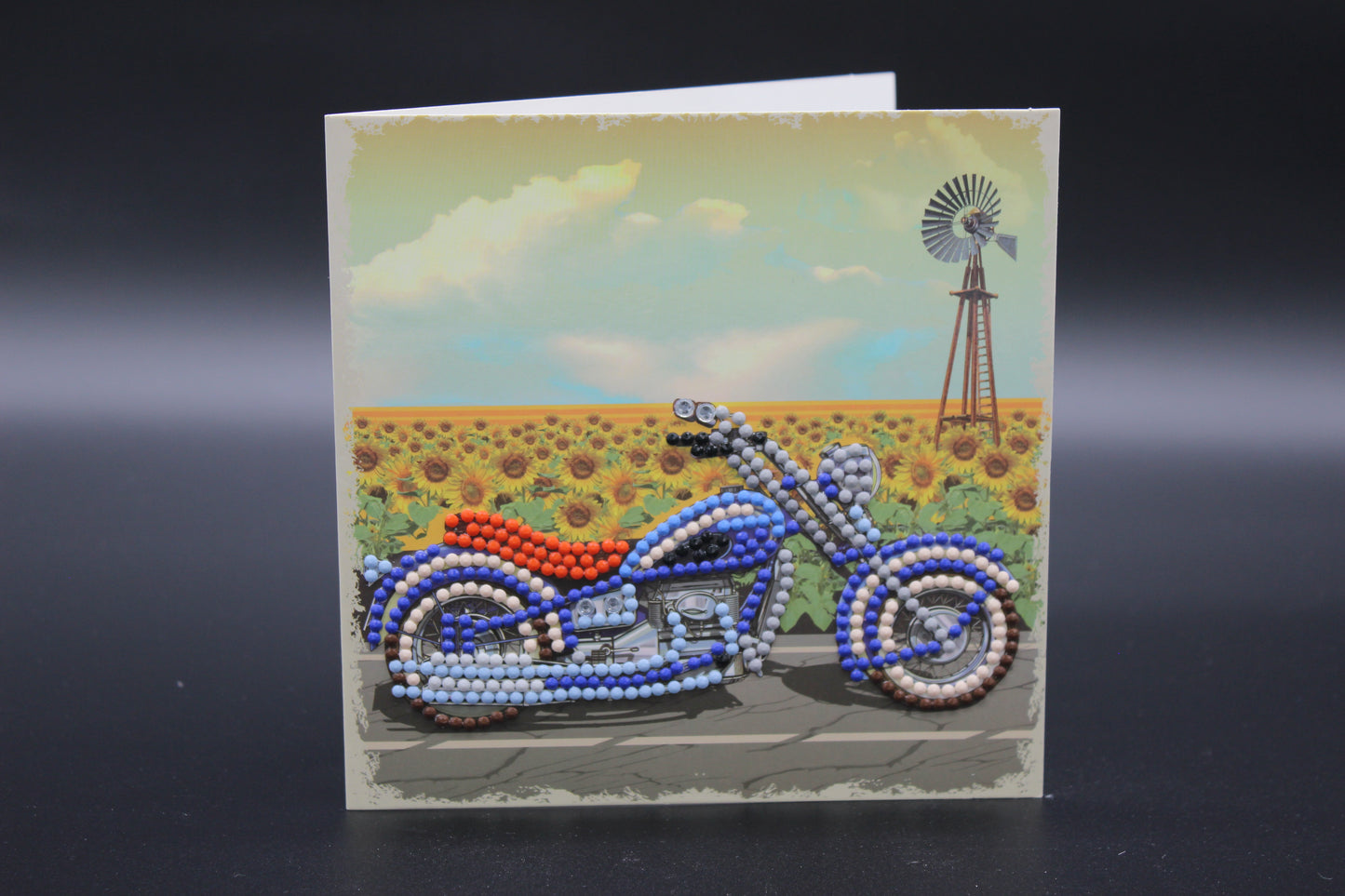 Motorcycle with Blue and White Rhinestones.  Perfect for Motorcycle Enthusiasts or Birthday.