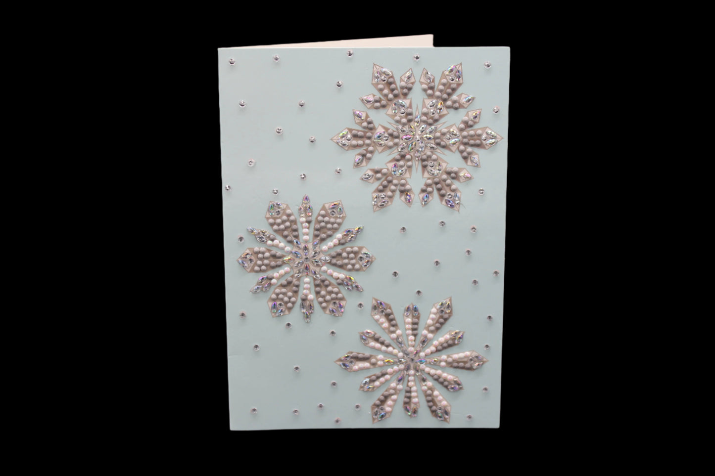 Greeting Card with Charming Snowflakes Will Delight Everyone. Crystals and Rhinestones Each Snowflake's Background IS Superbly Ornate w/Falling Snow No Less