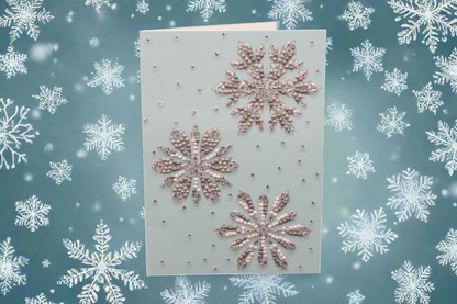 Greeting Card with Charming Snowflakes Will Delight Everyone. Crystals and Rhinestones Each Snowflake's Background IS Superbly Ornate w/Falling Snow No Less