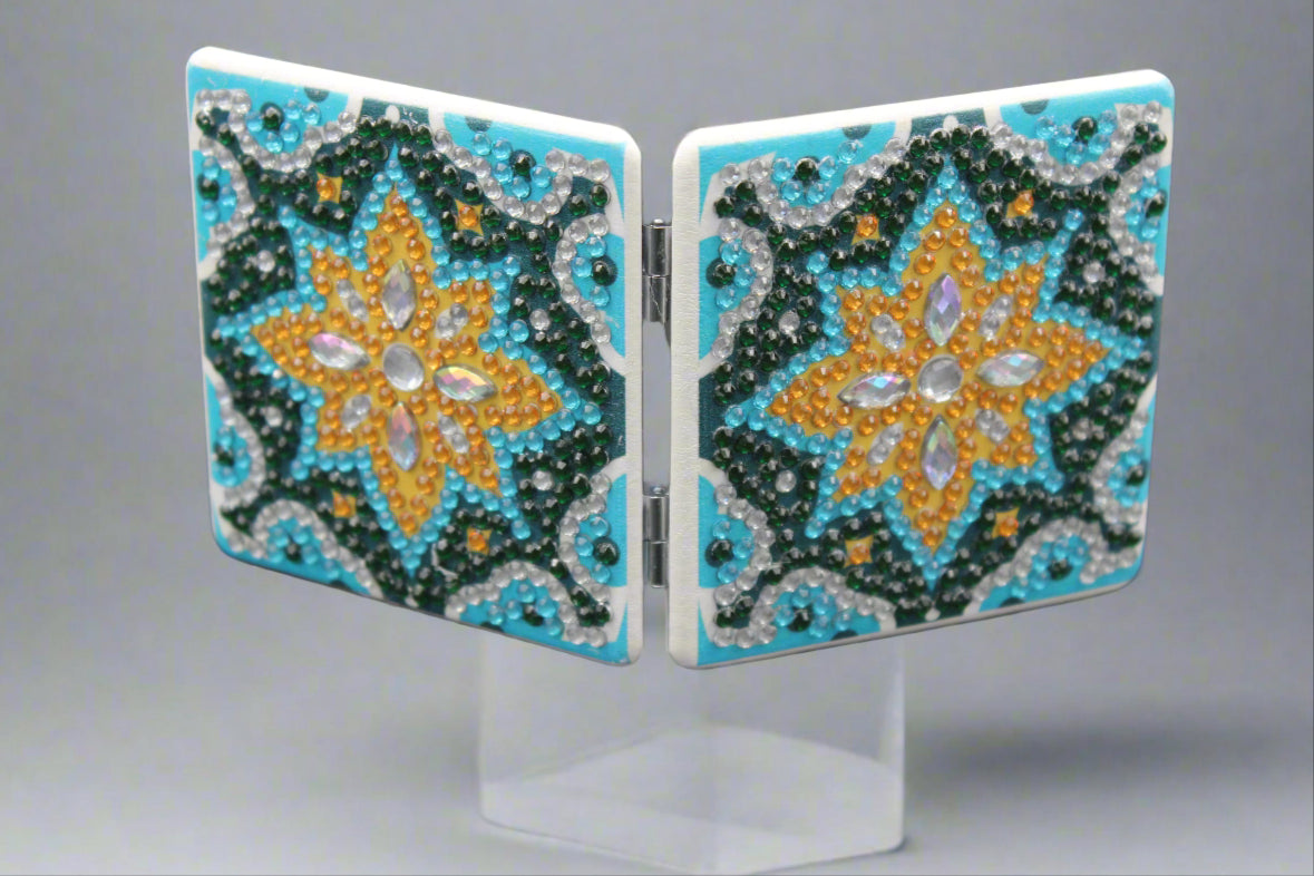 Geometrical Square Compact Mirror, Turquoise, Green & Clear Rhinestones