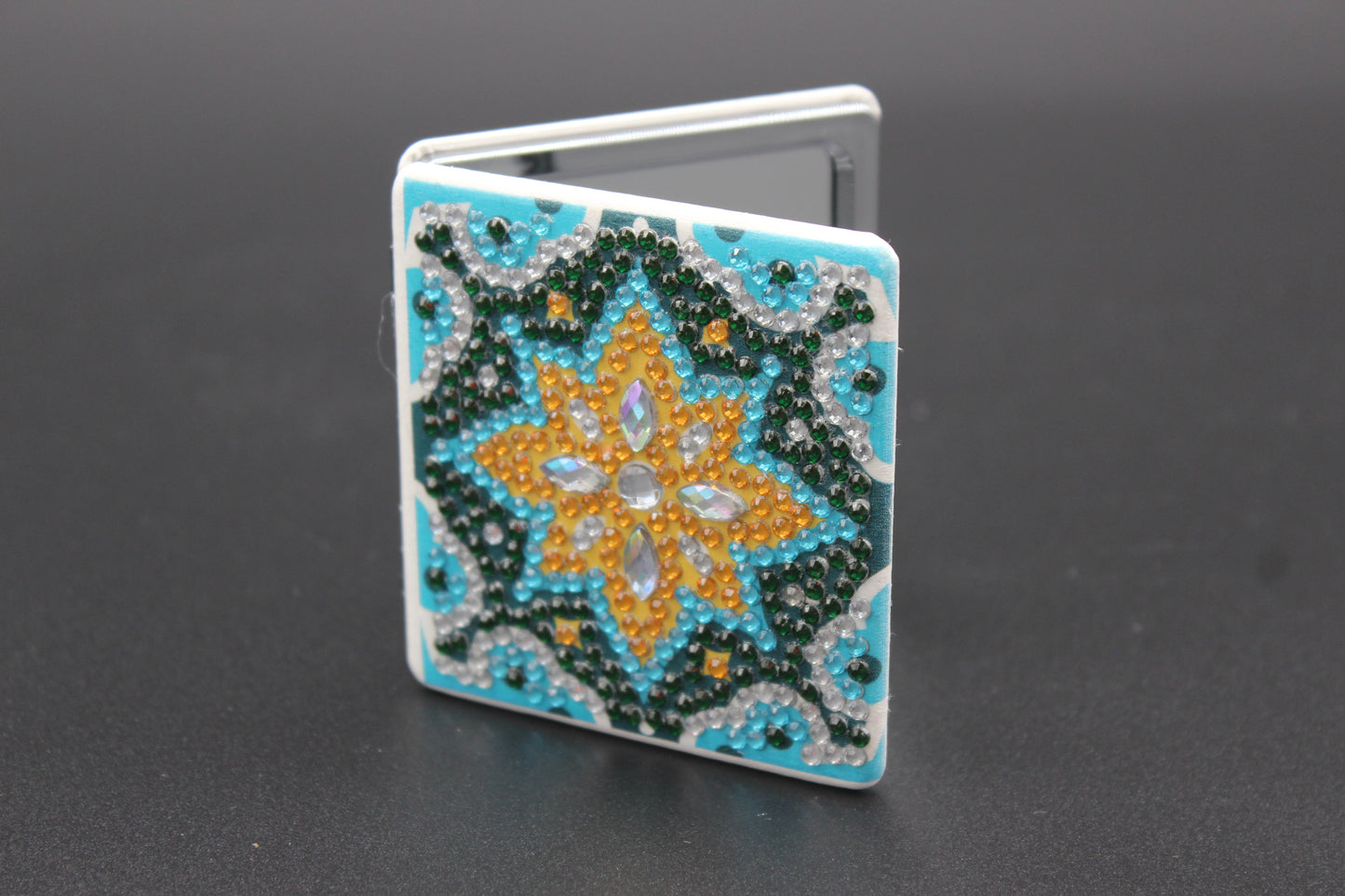 Geometrical Square Compact Mirror, Turquoise, Green & Clear Rhinestones