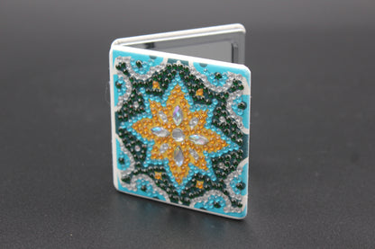 Geometrical Square Compact Mirror, Turquoise, Green & Clear Rhinestones