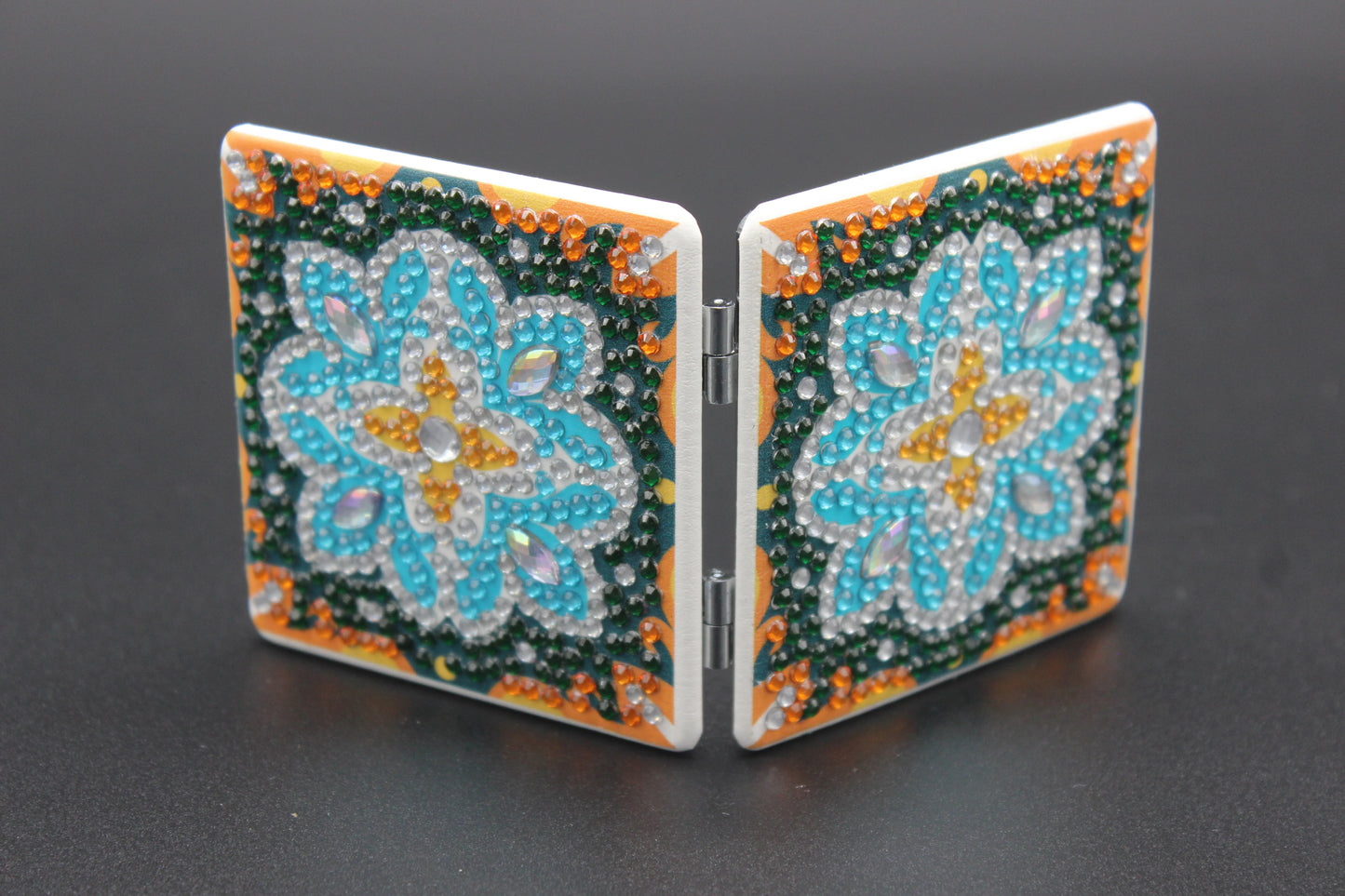 Geometrical Square Compact Mirror, Turquoise, Green & Clear Rhinestones