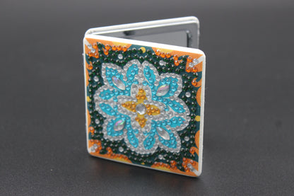 Geometrical Square Compact Mirror, Turquoise, Green & Clear Rhinestones