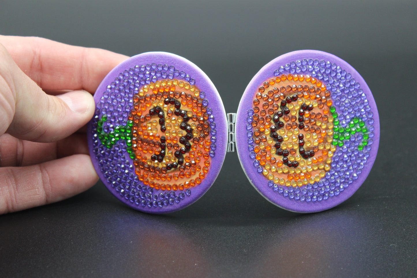 Round Shaped Halloween Compact Mirror with Scary Pumpkins in Orange, Black and Purple Crystal Rhinestones