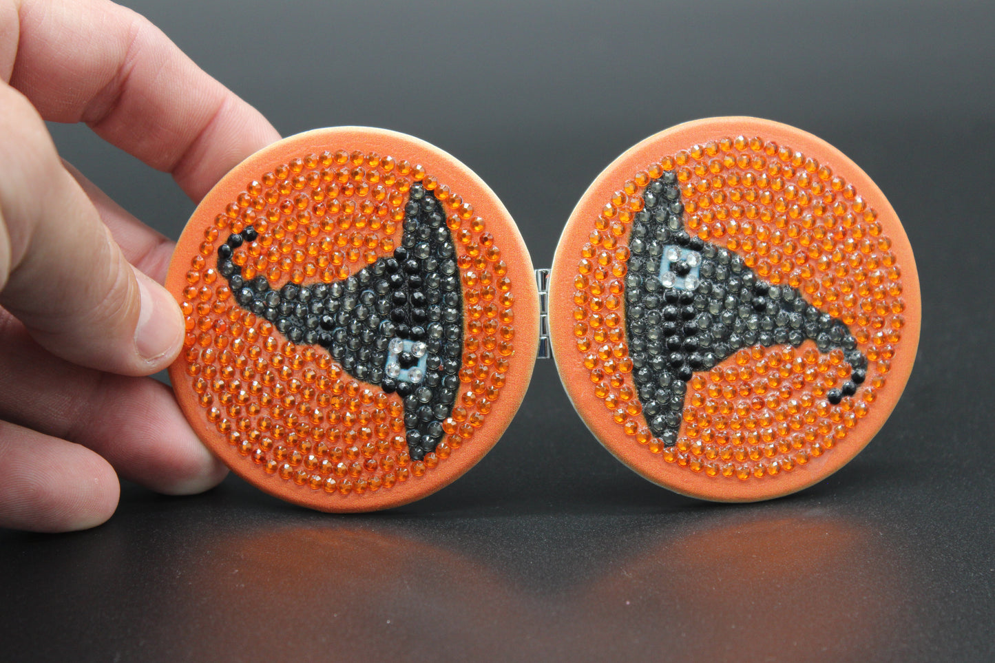 Round Shaped Halloween Compact Mirror with a Black Witches Hat and Beautiful Orange Background, all in Crystal Rhinestones