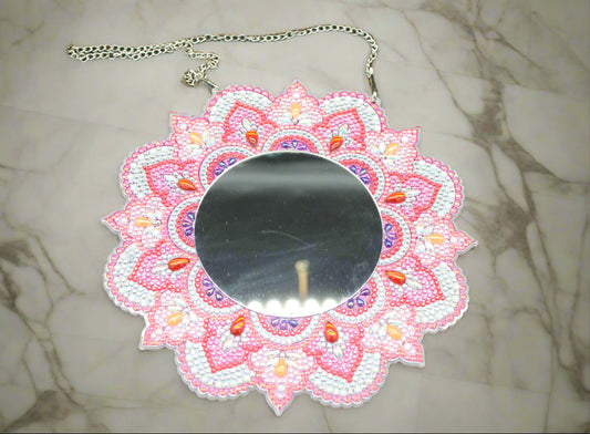 Hanging Art Deco Day Mirror with Gorgeous Pink and Clear Crystal Rhinestones; Great for Small Spaces or Simply Putting on Makeup