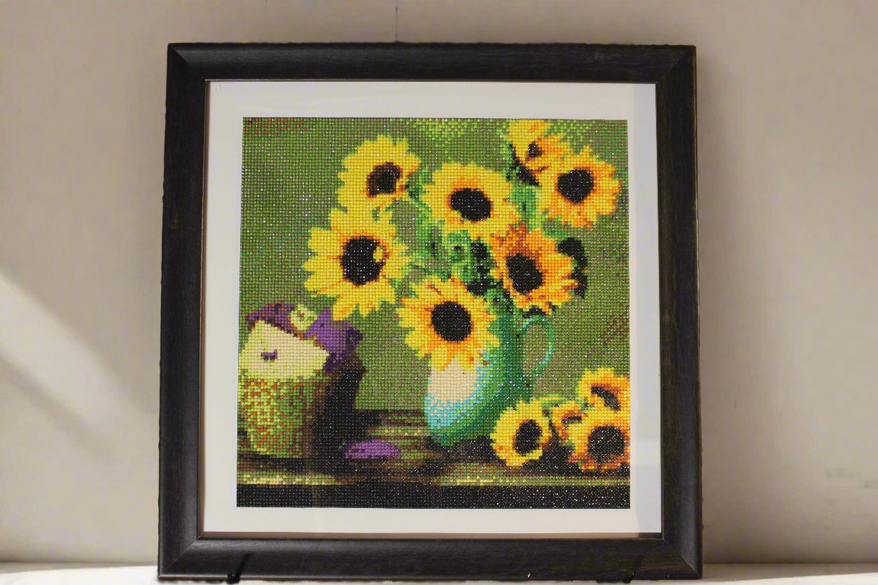 Diamond Art Beautiful Bouquets of Yellow Flowing Sunflowers Adorned in Rhinestone Crystals. Perfect for a Country Home