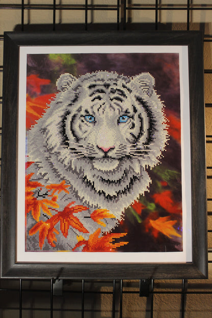 White Bengal Tiger Beautifully Adorned in Fall Flowers Along with Rhinestone Crystals