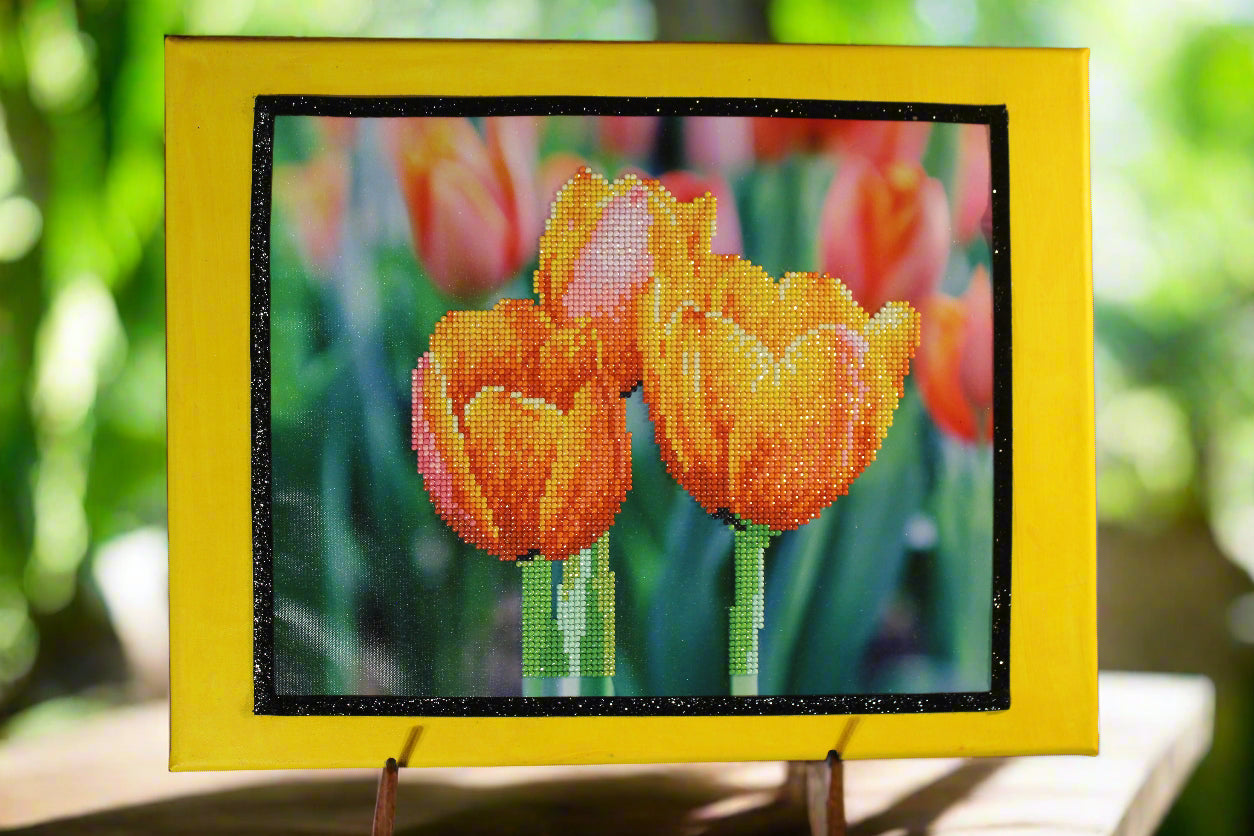 Canvas Hand Painted Background. Adorned with Black Lace and Yellow Diamond Art Knock Out Tulips