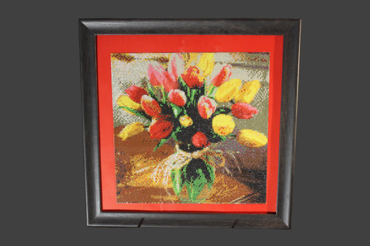 Gorgeous Diamond Art, Red yellow and Pink Tulips in a glass jar are gorgeous