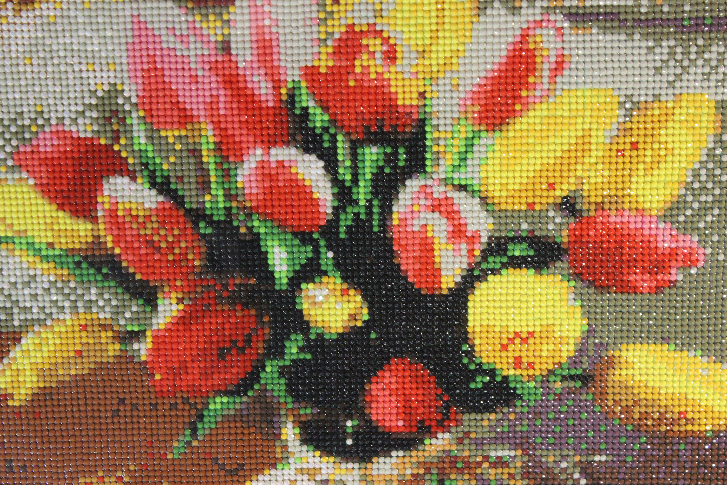 Gorgeous Diamond Art, Red yellow and Pink Tulips in a glass jar are gorgeous