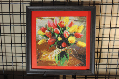 Gorgeous Diamond Art, Red yellow and Pink Tulips in a glass jar are gorgeous