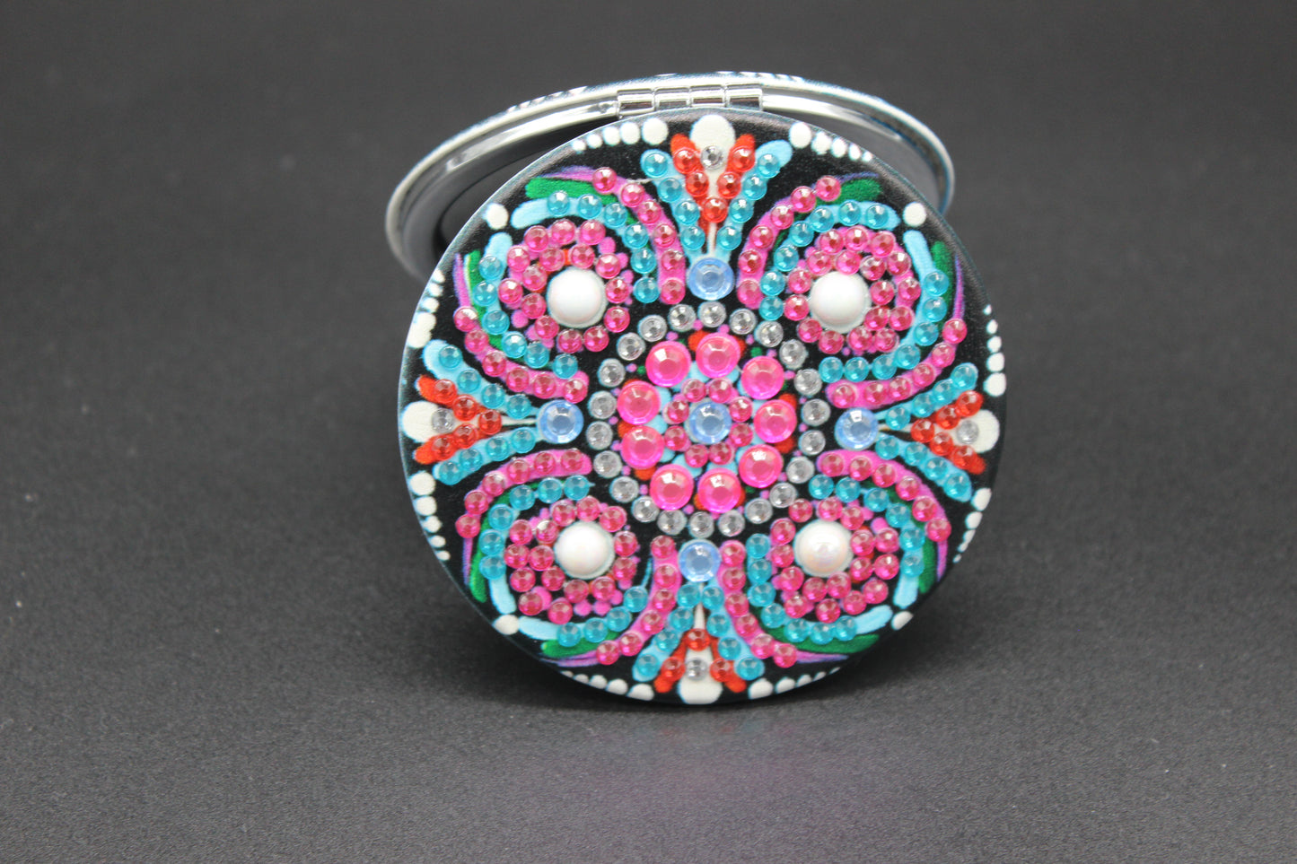 Must See, Round Shaped Compact Mirror Accented with Eccentric Hot Pink Crystal Rhinestones and Central Pearl Stones