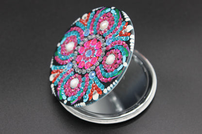 Must See, Round Shaped Compact Mirror Accented with Eccentric Hot Pink Crystal Rhinestones and Central Pearl Stones