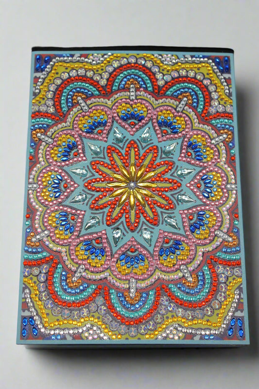 Beautiful Diamond Art Journal Adorned with Art Deco Design and Specialty Yellow, Red and Blue Crystal