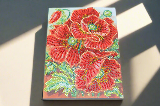 Journal Adorned with Gorgeous Large Red Poppy Flowers with Specialty Red and Green Crystal