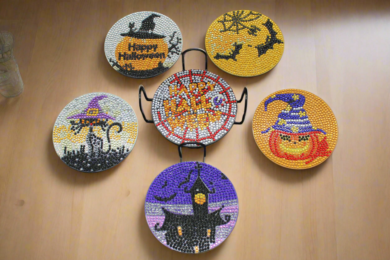 Halloween Coaster (6pcs) With Metal Stand.  Spiders, Pumpkins, Black Cats.  Made with Crystal Rhinestones