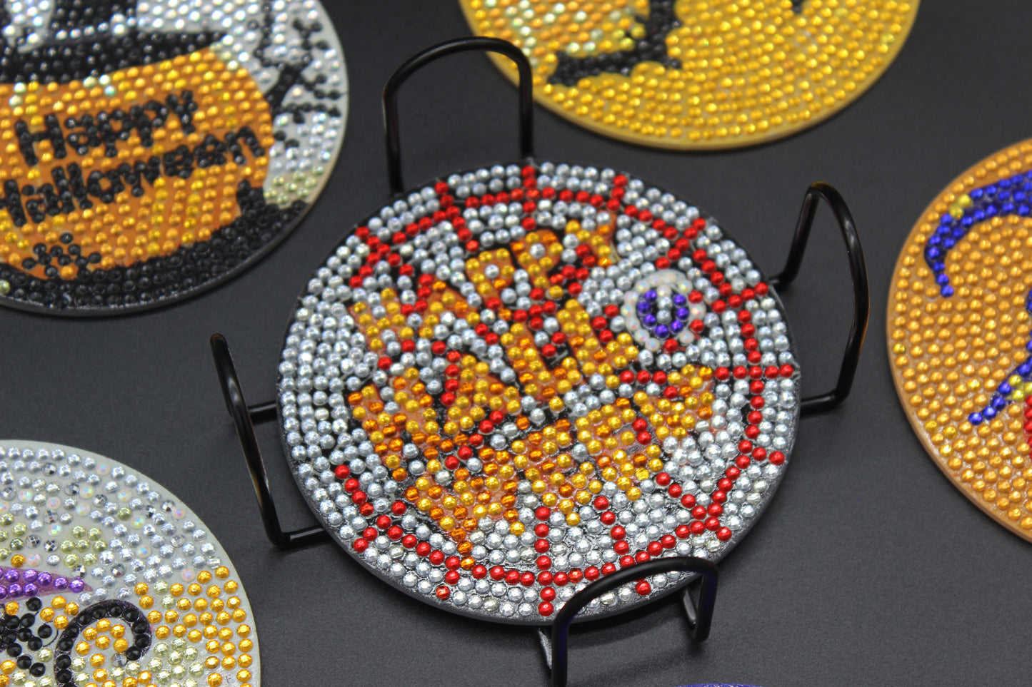 Halloween Coaster (6pcs) With Metal Stand.  Spiders, Pumpkins, Black Cats.  Made with Crystal Rhinestones