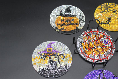 Halloween Coaster (6pcs) With Metal Stand.  Spiders, Pumpkins, Black Cats.  Made with Crystal Rhinestones