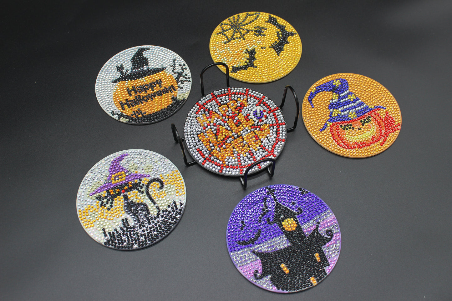 Halloween Coaster (6pcs) With Metal Stand.  Spiders, Pumpkins, Black Cats.  Made with Crystal Rhinestones