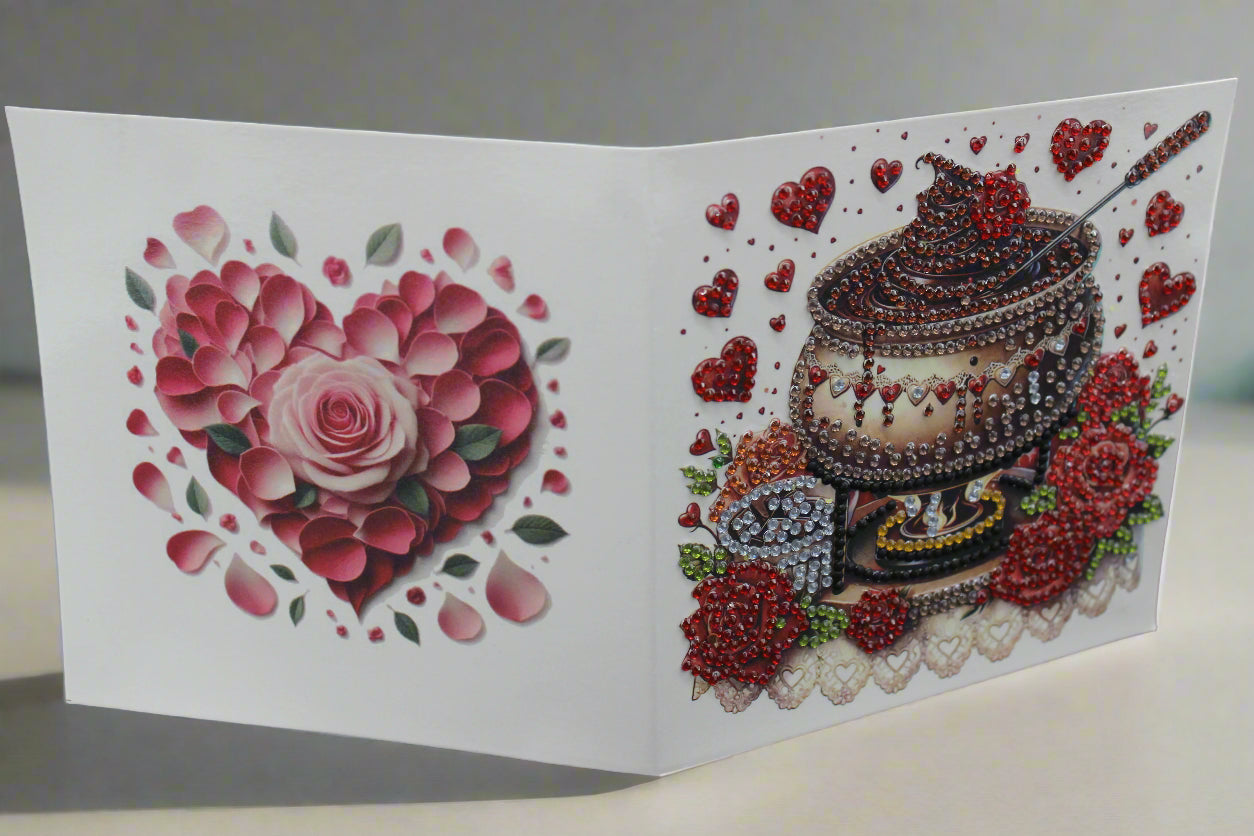 Valentines Chocolate Pot with Hot Chocolate and Flowers Diamond Art Card